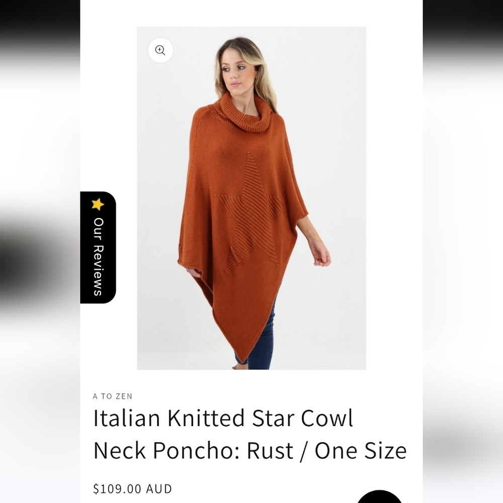 Italian Made Cowl Neck Knit Star Poncho-OSFM - Picture 11 of 11
